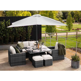 Primrose Living Luxury Rattan 6 Seater Garden Sofa Set with Square Rising Table and Parasol in Stone
