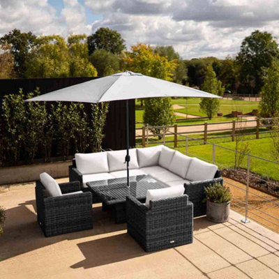 Primrose Living Luxury Rattan 7 Seater Garden Furniture Dining Sofa Set with Square Rising Table in Stone