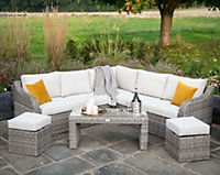 Primrose Living Luxury Rattan 7 Seater Modular Garden Furniture Sofa Set with Coffee Table and Footstools in Stone