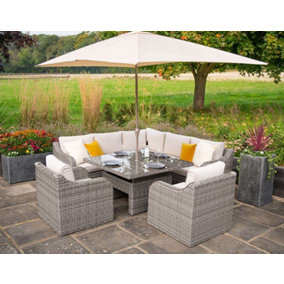 Primrose Living Luxury Rattan 7 Seater Modular Garden Sofa Set with Square Rising Table & Parasol in Stone