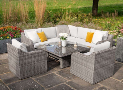 Primrose Living Luxury Rattan 7 Seater Modular Garden Sofa Set with Square Rising Table Parasol