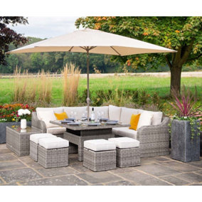 Primrose Living Luxury Rattan 9 Seater Modular Garden Sofa Dining Set with Square Rising Table and Footstools in Stone