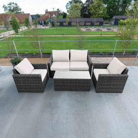 Primrose Living Luxury Rattan Iris 4 Seater Garden Furniture Sofa Set with Coffee Table in Stone