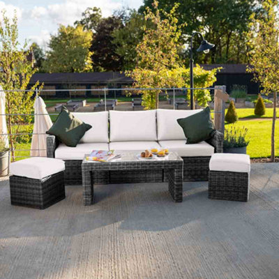 Primrose Living Luxury Rattan Iris 5 Seater Garden Furniture Sofa Set with Open Coffee Table in Stone