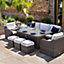 Primrose Living Luxury Rattan Peony 8 Seater Garden Furniture Sofa Set with Rectangular Fire Pit Table and Stools in Stone