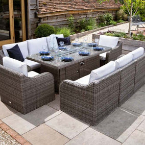 Primrose Living Luxury Rattan Peony 8 Seater Garden Furniture Sofa Set with Rectangular Fire Pit Table in Stone