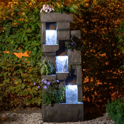 Primrose Log Wall Falls and Bowls Cascading Garden Planter Water Feature Fountain With LED Lights