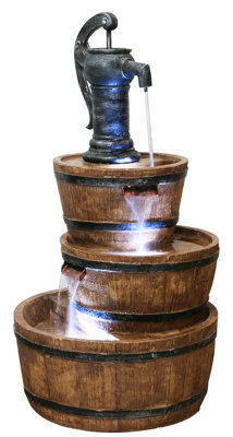 Primrose London 3-Tier Barrel & Pump Water Feature with Lights H92cm