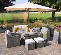Primrose Luxury Rattan 6 Seater Modular Garden Sofa Set with Square Rising Table and Parasol in Stone