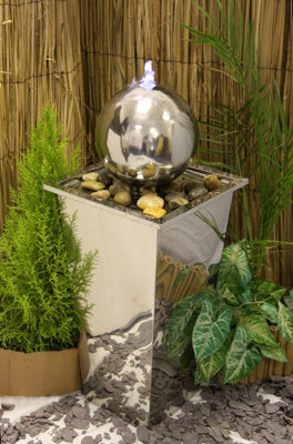 Primrose Modern Hiro Sphere Metal Stainless Steel Water Feature with Lights H83cm