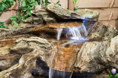 Primrose Montana Falls Log and Rock Effect Cascade Water Feature Garden Fountain with Lights H77cm