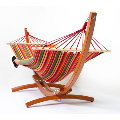 Primrose Multicolour Outdoor Garden Double Hammock with Wooden Frame and Stand