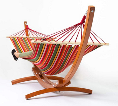 Primrose Multicolour Outdoor Garden Double Hammock with Wooden Frame and Stand