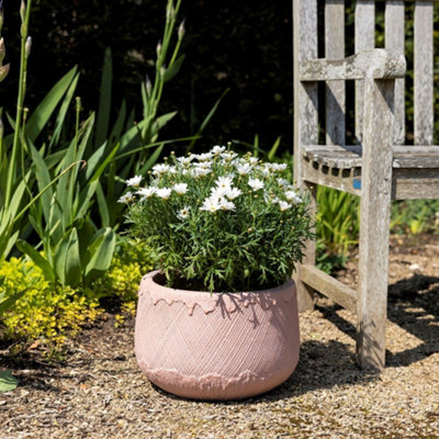 Primrose Pattern Textured Fibrecotta Round Planter In Dust Pink 23cm