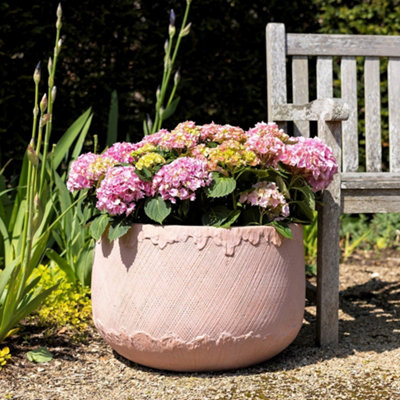 Primrose Pattern Textured Fibrecotta Round Planter In Dust Pink 36cm