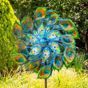 Primrose Peacock Solar Powered Wind Spinner Crackle Globe with LED Lights Whirlygig Ornament Pinwheel Decoration 64cm