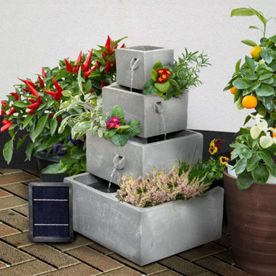 Primrose Perth 4 Tier Grey Solar Powered Water Feature & Herb Planter with LED Lights 63cm
