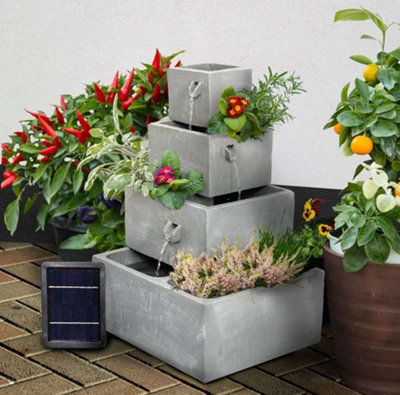 Primrose Perth 4 Tier Grey Solar Powered Water Feature & Herb Planter with LED Lights 63cm