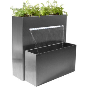 Primrose Planter & Waterfall Cascade Silver Stainless Steel Outdoor Water Feature with Lights H89cm