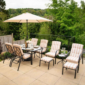 Primrose Reclining 6 Seater Garden Patio Dining And Outdoor Leisure Furniture Set with Crank Parasol in Beige