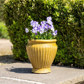 Primrose Rib Textured Glazed Terracotta Round Planter In Gloss Yellow 65cm