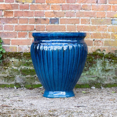 Primrose Rib Textured Glazed Terracotta Round Planter In Glossy Royal Blue 29cm