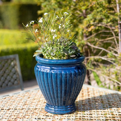 Primrose Rib Textured Glazed Terracotta Round Planter In Glossy Royal Blue 65cm