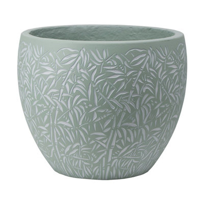 Primrose Round Bamboo Leaf Design Lightweight Outdoor All Weather Planter in Green 24cm