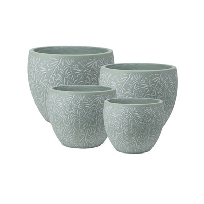 Primrose Round Bamboo Leaf Design Lightweight Outdoor All Weather Planter in Green 24cm