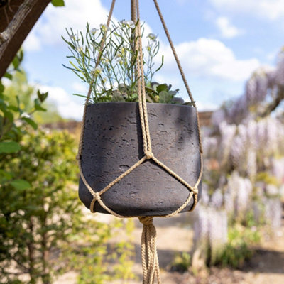 Primrose Round Cement Wall or Ceiling Hanging Plant Pot in Brown 17cm