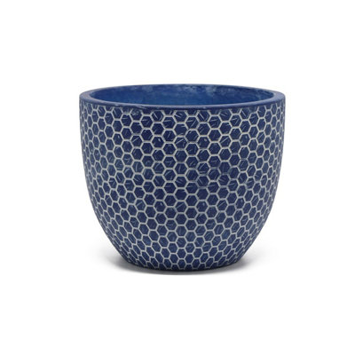 Primrose Round Honeycomb Weather Resistant Patio Planter in Blue Geometric 24cm