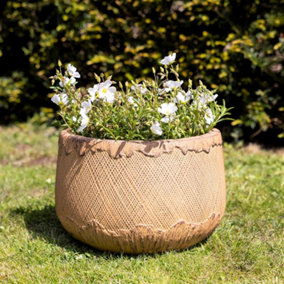 Primrose Round Textured Fibrecotta Planter In Mustard Yellow 33cm