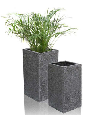 Primrose Set of 2 Poly-Terrazzo Black Tall Cube Outdoor Planters 79cm