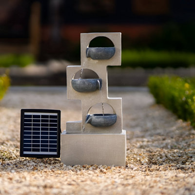 Primrose Solar Cascading Water Feature Grey Column Pouring Bowls Tiered With Battery Backup and Lights 53cm