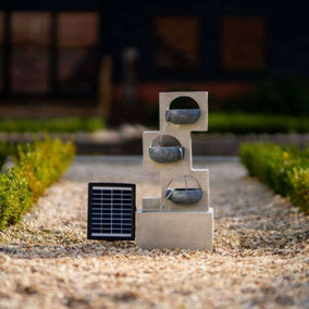 Primrose Solar Cascading Water Feature Grey Column Pouring Bowls Tiered With Battery Backup and Lights 53cm