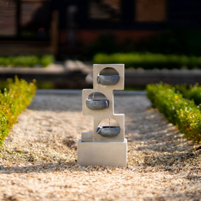 Primrose Solar Cascading Water Feature Grey Column Pouring Bowls Tiered With Battery Backup and Lights 53cm