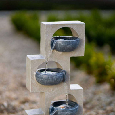 Primrose Solar Cascading Water Feature Grey Column Pouring Bowls Tiered With Battery Backup and Lights 53cm