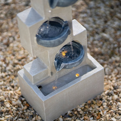 Primrose Solar Cascading Water Feature Grey Column Pouring Bowls Tiered With Battery Backup and Lights 53cm