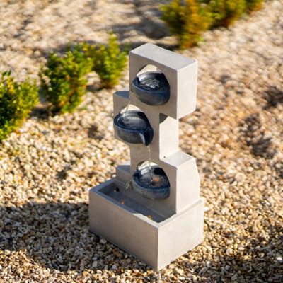 Primrose Solar Cascading Water Feature Grey Column Pouring Bowls Tiered With Battery Backup and Lights 53cm