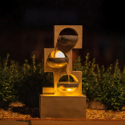 Primrose Solar Cascading Water Feature Grey Column Pouring Bowls Tiered With Battery Backup and Lights 53cm