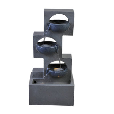 Primrose Solar Cascading Water Feature Grey Column Pouring Bowls Tiered With Battery Backup and Lights 53cm