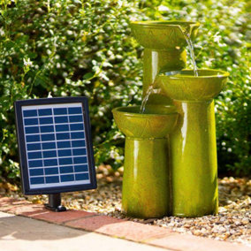 Primrose Solar Powered Green Pouring Bowls Tiered Cascading Water Feature With Battery Backup and Lights 40cm