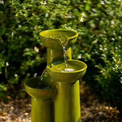 Primrose Solar Powered Green Pouring Bowls Tiered Cascading Water Feature With Battery Backup and Lights 40cm