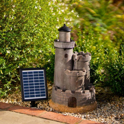 Primrose Solar Powered Grey Castle Cascading Water Feature With Battery Backup and Lights H49cm