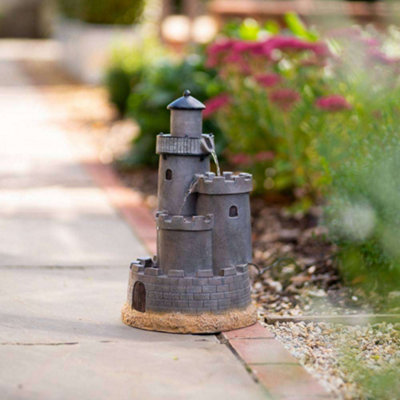 Primrose Solar Powered Grey Castle Cascading Water Feature With Battery Backup and Lights H49cm