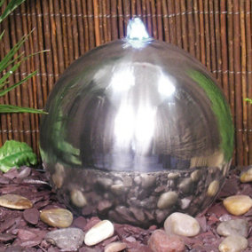 Primrose Solar Powered Stainless Steel Sphere Patio Garden Water Feature Fountain with LED Lights & Reservoir 45cm
