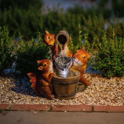 Primrose Solar Squirrels Pouring Bowls Tiered Water Feature With Battery Backup and Lights 39cm