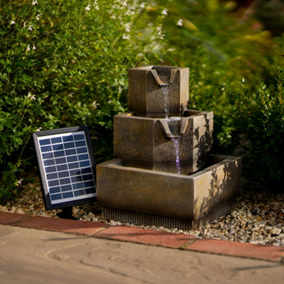 Primrose Solar Tiered Coba Square Cascading Water Feature With Battery Backup and Lights 37cm