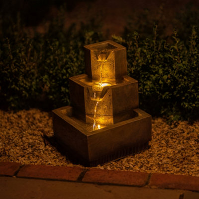 Primrose Solar Tiered Coba Square Cascading Water Feature With Battery Backup and Lights 37cm