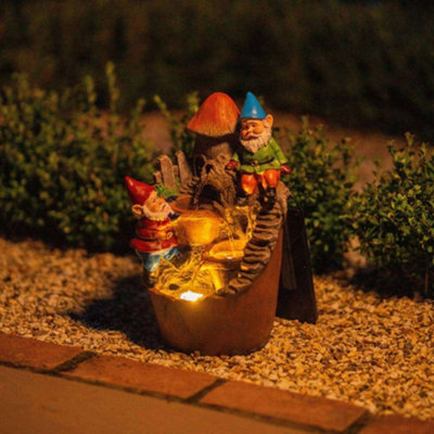 Primrose Solar Toadstool Gnomes Tiered Cascading Water Feature With Battery Backup and Lights 39cm